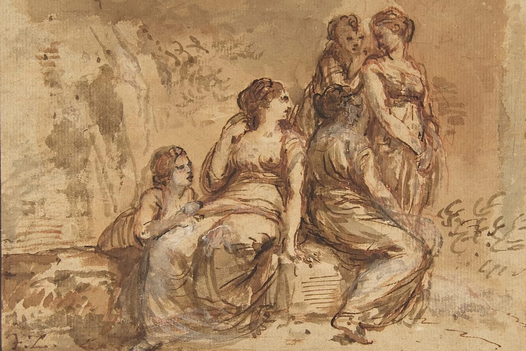 Cinque giovani donne in un paesaggio